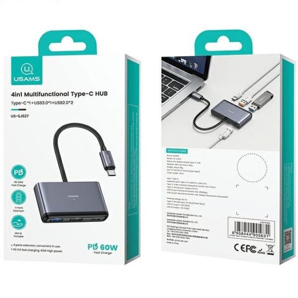 USAMS adapter HUB 4in1 2xUSB 2.0/USB 3.0/USB-C szürke/sötétszürke SJ627HUB01 (US-SJ627)