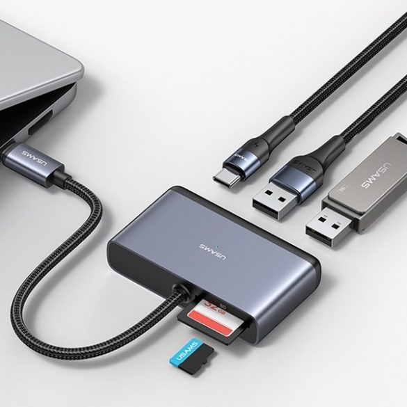 USAMS adapter HUB 5in1 USB 2.0/USB 3.0/ USB-C/TF/SD szürke/sötétszürke SJ628HUB01 (US-SJ628)