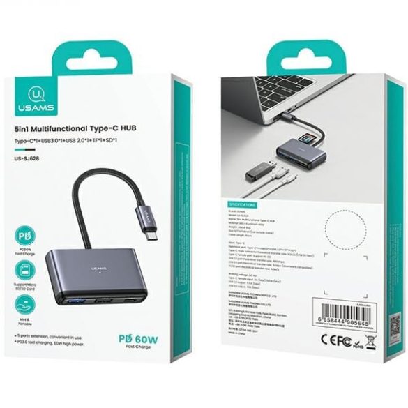 USAMS adapter HUB 5in1 USB 2.0/USB 3.0/ USB-C/TF/SD szürke/sötétszürke SJ628HUB01 (US-SJ628)