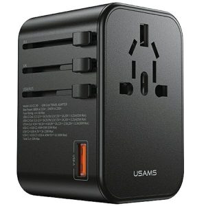 USAMS hálózati adapter 1xUSB+2xUSB-C T62 65W 4 az 1-ben US/AU/EU/UK fekete univerzális úti töltő