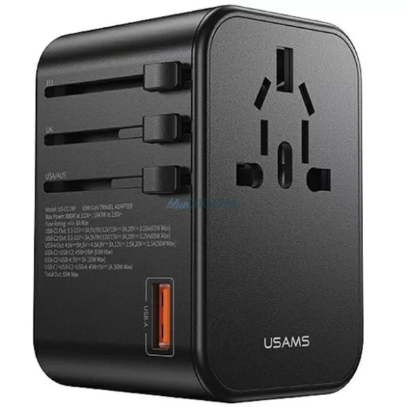 USAMS hálózati adapter 1xUSB+2xUSB-C T62 65 W 4 az 1-ben US/AU/EU/UK fekete CC199TC01 (US-CC199) Univesa