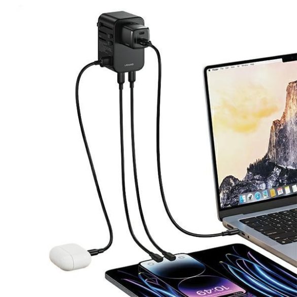 USAMS hálózati adapter 1xUSB+2xUSB-C T62 65W 4 az 1-ben US/AU/EU/UK fekete univerzális úti töltő