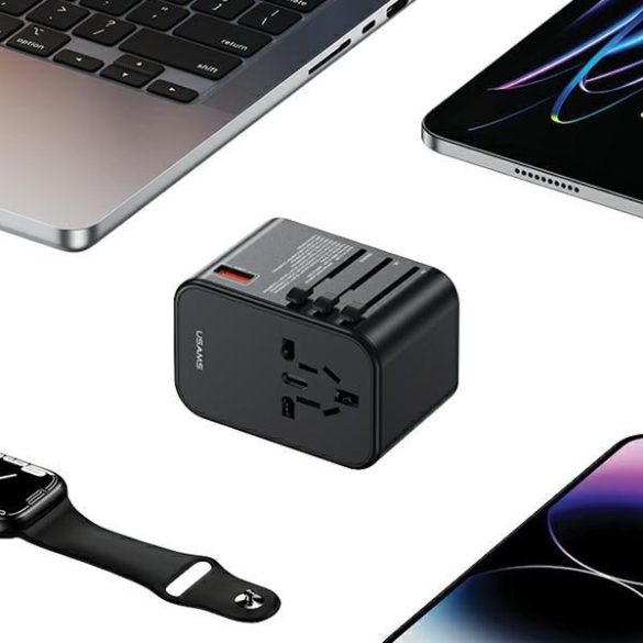 USAMS hálózati adapter 1xUSB+2xUSB-C T62 65W 4 az 1-ben US/AU/EU/UK fekete univerzális úti töltő