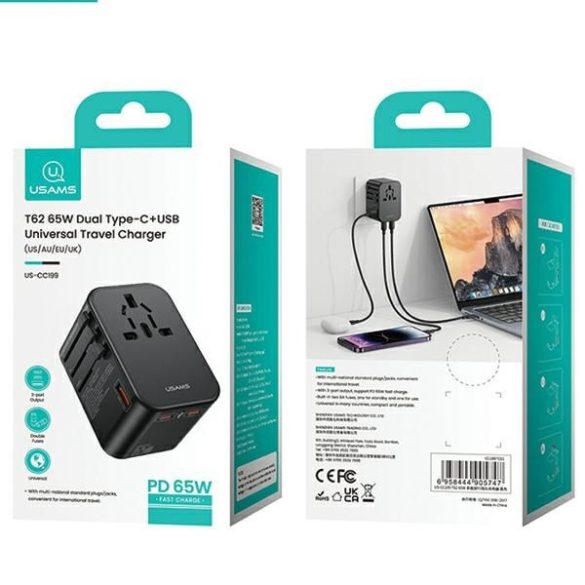 USAMS hálózati adapter 1xUSB+2xUSB-C T62 65W 4 az 1-ben US/AU/EU/UK fekete univerzális úti töltő