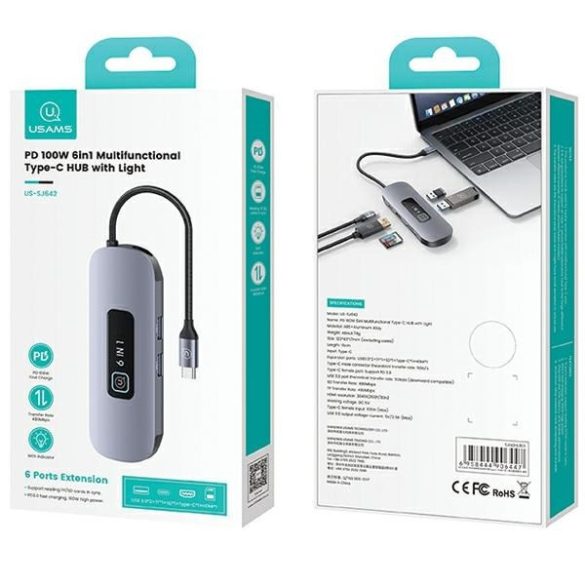 USAMS adapter HUB 6in1 2xUSB 3.0/TF/SD/USB-C/HDMI PD100W szürke/zománc SJ642HUB01 (US-SJ642)