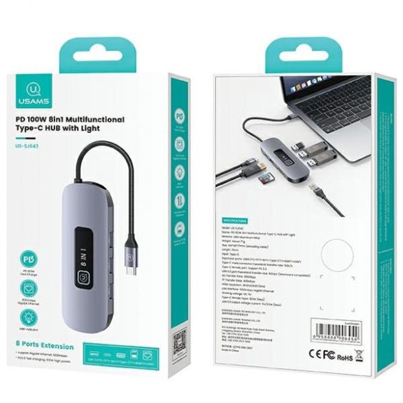 USAMS adapter HUB 8in1 3xUSB 3.0/TF/SD/USB-C/HDMI/RJ45 PD100W szürke/zománc SJ643HUB01 (US-SJ643)