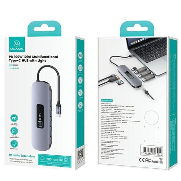 USAMS adapter HUB 10in1 3xUSB 3.0/TF/SD/USB-C/HDMI/RJ45/VGA PD100W szürke/zománc SJ644HUB01 (US-SJ644)