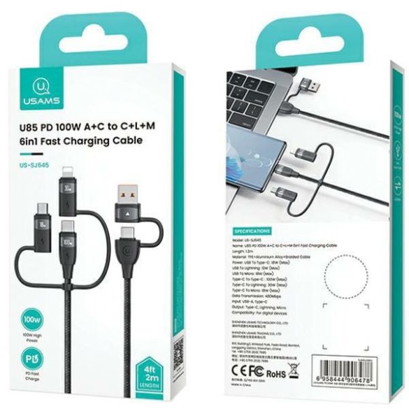 USAMS U85 USB-A/Type-C - Type-C/Lightning/microUSB kábel 2m 100W PD - fekete