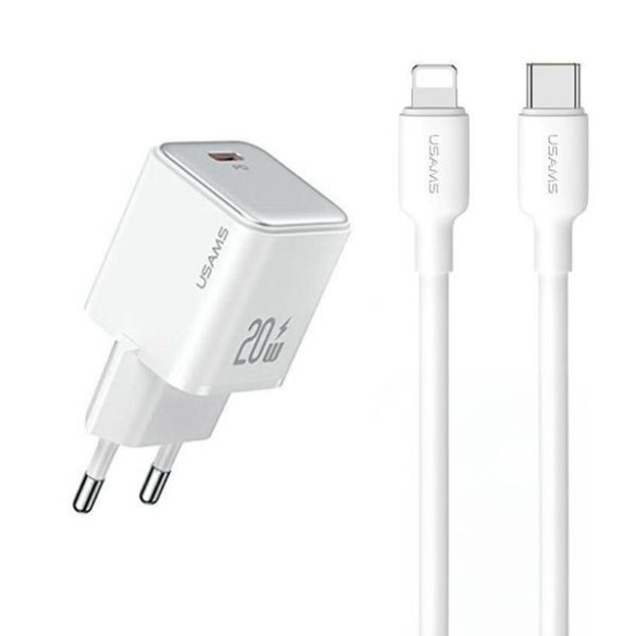 USAMS hálózati töltés 1xUSB-C PD20W PD3.0 gyorstöltő US-CC183 + USB-C/Lightning kábel US-SJ610 fehér,y YX Series YXXLOGTC03