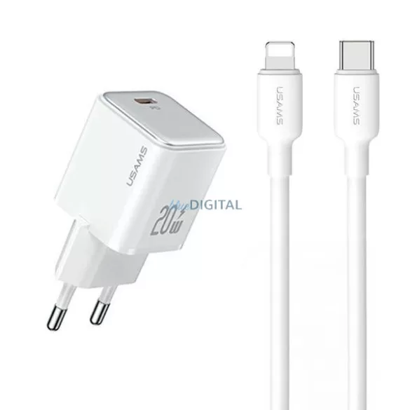 USAMS töltő 1xUSB-C PD20W PD3.0 gyorstöltéssel US-CC183 + USB-C/Lightning kábel US-SJ610 fehér
