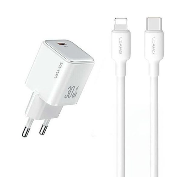 USAMS hálózati töltés 1xUSB-C PD30W PD3.0 gyorstöltő US-CC186 + USB-C/Lightning kábel US-SJ610 fehér,y YX Series YXXLOGTC04