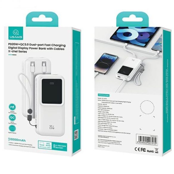 USAMS CD213 X-chel Series powerbank beépített Type-C és Lightning kábellel 30000mAh 20W QC3.0 PD - fekete
