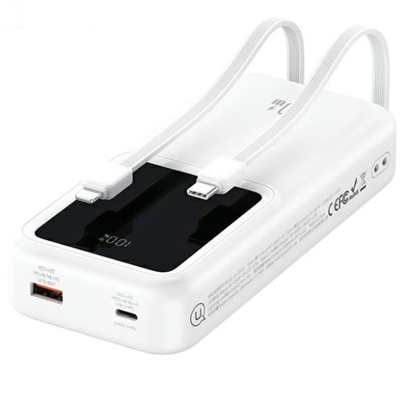 USAMS X-chel Series Powerbank beépített USB-C+Lightning kábelekkel 30000 mAh 20W PD+QC 3.0 - fehér