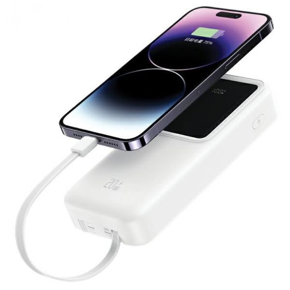 USAMS X-chel Series Powerbank beépített USB-C+Lightning kábelekkel 30000 mAh 20W PD+QC 3.0 - fehér