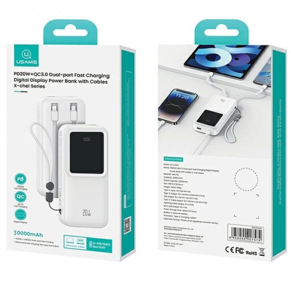 USAMS X-chel Series Powerbank beépített USB-C+Lightning kábelekkel 30000 mAh 20W PD+QC 3.0 - lila