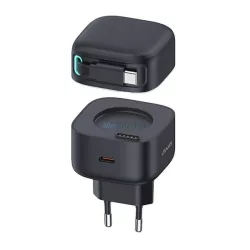   USAMS Charger 1xUSB-C behúzható USB-C kábellel (csak a fejrész) PD+QC 35 W-os GaN gyorstöltő, fekete