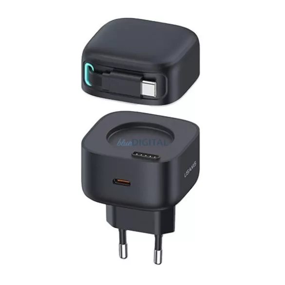 USAMS Charger 1xUSB-C behúzható USB-C kábellel (csak a fejrész) PD+QC 35 W-os GaN gyorstöltő, fekete