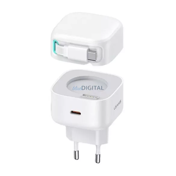 USAMS Charger 1xUSB-C behúzható USB-C kábellel (csak a fejrész) PD+QC 35 W-os GaN gyorstöltő, fehér