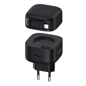 USAMS töltő 1xUSB-C behúzható Lightning-kábellel (csak a fejrész) PD+QC 35 W Gan gyorstöltés, fekete