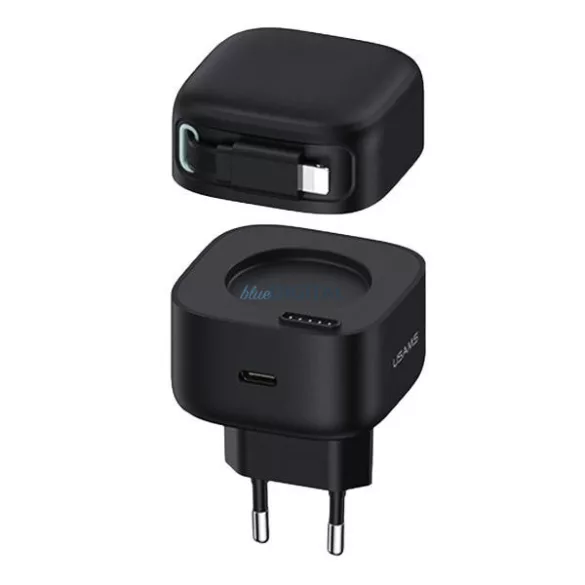 USAMS töltő 1xUSB-C behúzható Lightning-kábellel (csak a fejrész) PD+QC 35 W Gan gyorstöltés, fekete