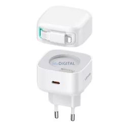   USAMS töltő, 1xUSB-C, behúzható Lightning-kábellel (csak a fejrész), PD+QC 35 W, Gan gyorstöltés, fehér