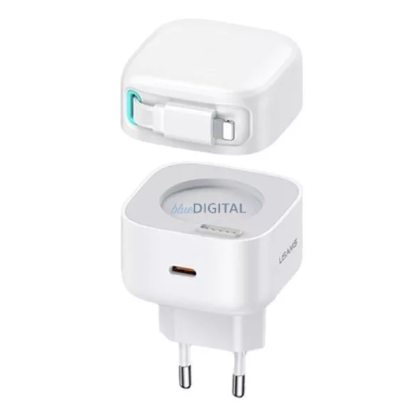 USAMS töltő, 1xUSB-C, behúzható Lightning-kábellel (csak a fejrész), PD+QC 35 W, Gan gyorstöltés, fehér