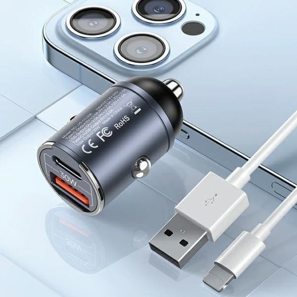 USAMS töltő 1xUSB+1xUSB-C C38 30W PD gyorstöltő integrált acélgyűrűvel CC206CC01 (US-CC206)