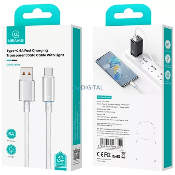 Kábel USAMS Cloud Series US-SJ658 6A USB-A USB-C 1,2m fekete
