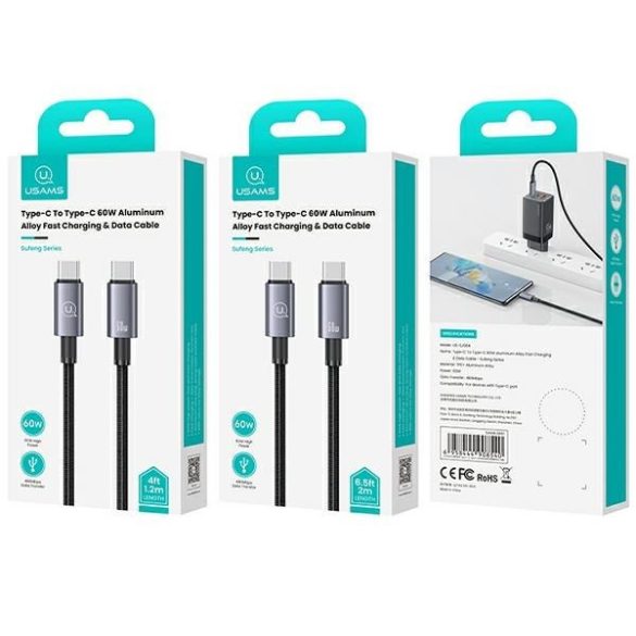 USAMS USB-C és USB-C 60W 1.2m gyors töltő acél kábel SJ661USB01 (US-SJ661)