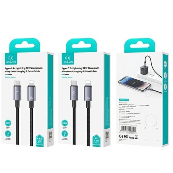 USAMS USB-C Lightning 30W 1.2m gyors töltő acél kábel SJ662USB01 (US-SJ662)