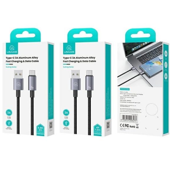 USAMS USB-ről USB-C 3A 1.2m gyors töltő acél kábel SJ663USB01 (US-SJ663)