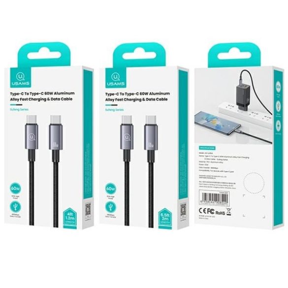 USAMS USB-C-ről USB-C 60W 2m-es gyors töltő acél kábel SJ664USB01 (US-SJ664)