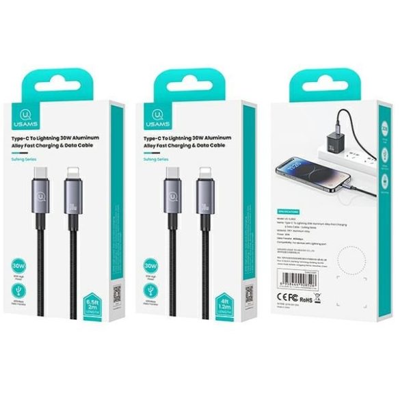 USAMS USB-C Lightning 30W 2m gyors töltő acél kábel SJ665USB01 (US-SJ665)