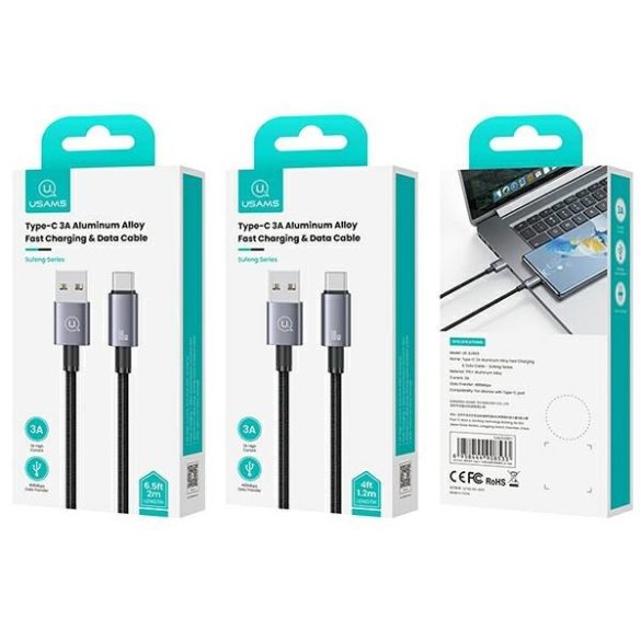 USAMS USB-ről USB-C-re USB-C 3A 2m gyors töltő acél kábel SJ666USB01 (US-SJ666)