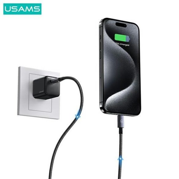 USAMS USB-C Lightning 30W 0.25m gyors töltő acél kábel SJ679USB01 (US-SJ679)