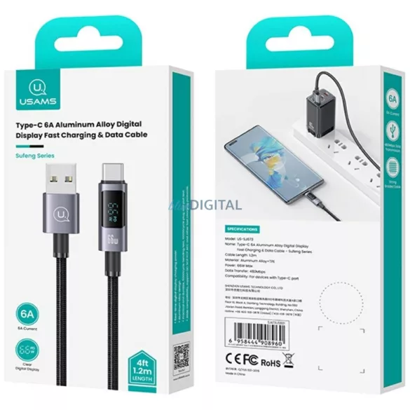 Kábel USAMS Sufeng sorozat US-SJ673 66W 6A gyors töltés USB-C - USB-A 1,2m matt