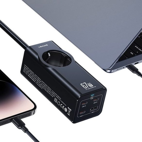 USAMS hosszabbító és elosztó 67W 3x USB-C + USB - fekete