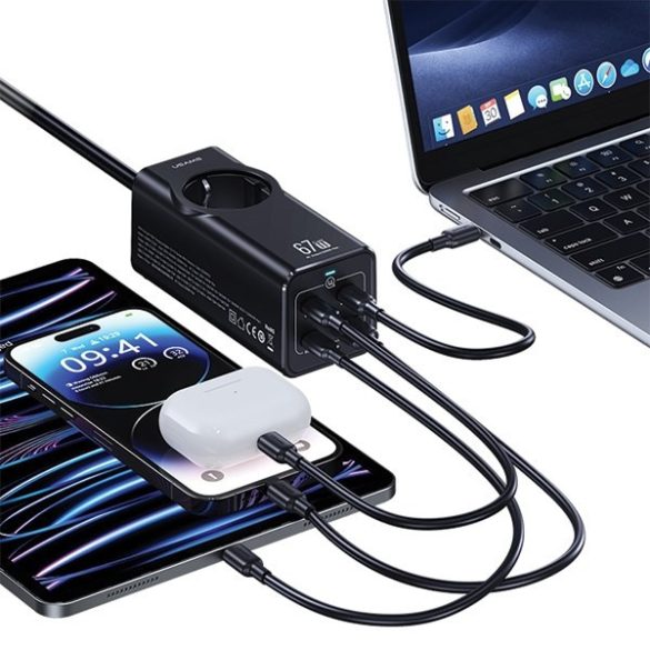 USAMS hosszabbító és elosztó 67W 3x USB-C + USB - fekete