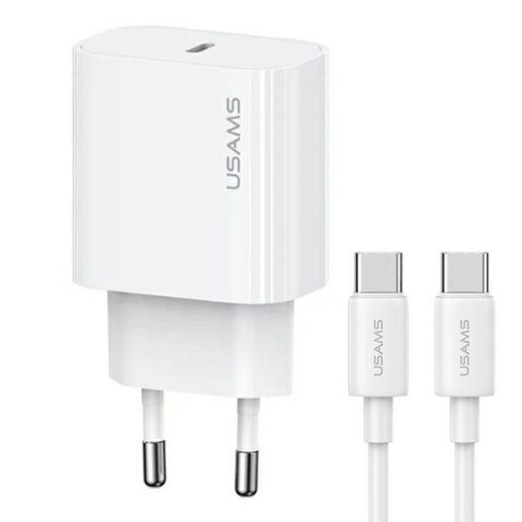 USAMS T65 Yi Series hálózati töltő 1xUSB-C csatlakozással és Type-C - Type-C kábellel PD 20W - fehér