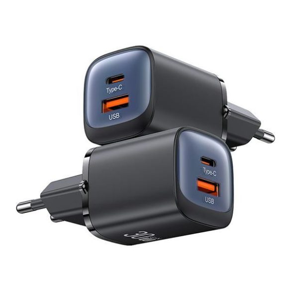 USAMS CC254 HC Series hálózati töltő 1x-USB-A és 1xUSB-C csatlakozással 30W GaN - fekete