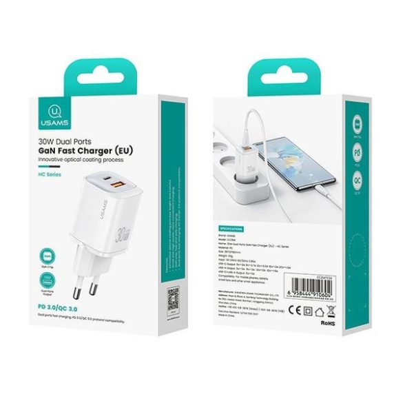 USAMS CC254 HC Series hálózati töltő 1x-USB-A és 1xUSB-C csatlakozással 30W GaN - fekete