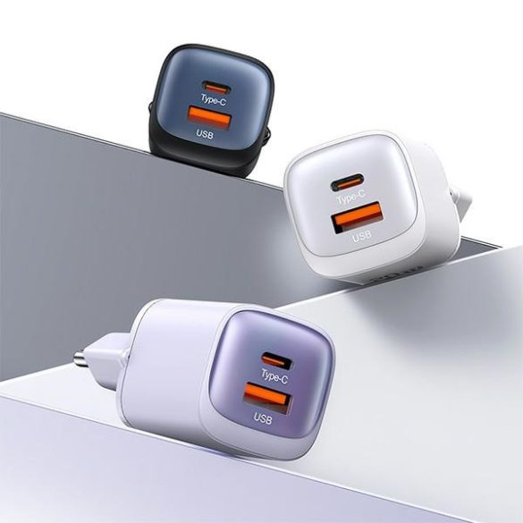 USAMS CC254 HC Series hálózati töltő 1x-USB-A és 1xUSB-C csatlakozással 30W GaN - fehér