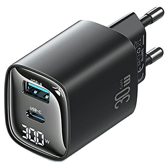 USAMS CC229 XC Series hálózati töltő 1x-USB-A és 1xUSB-C csatlakozással 30W GaN - fekete