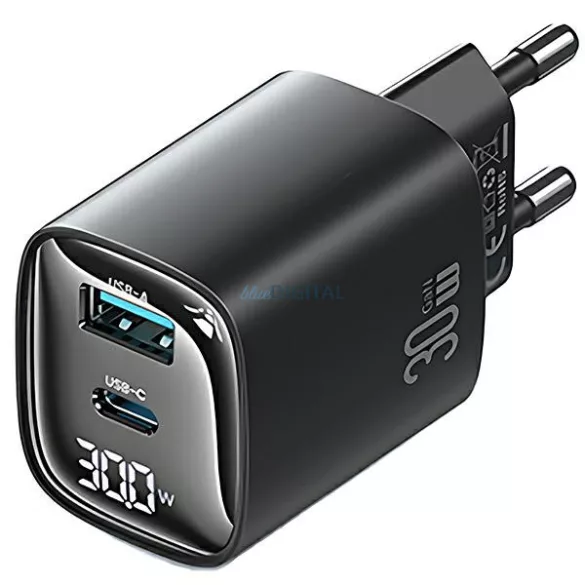 USAMS XC Series CC229 30W GaN hálózati töltő USB-C/USB-A gyorstöltés - fekete