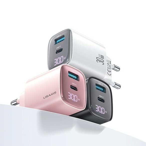 USAMS CC229 XC Series hálózati töltő 1x-USB-A és 1xUSB-C csatlakozással 30W GaN - fekete