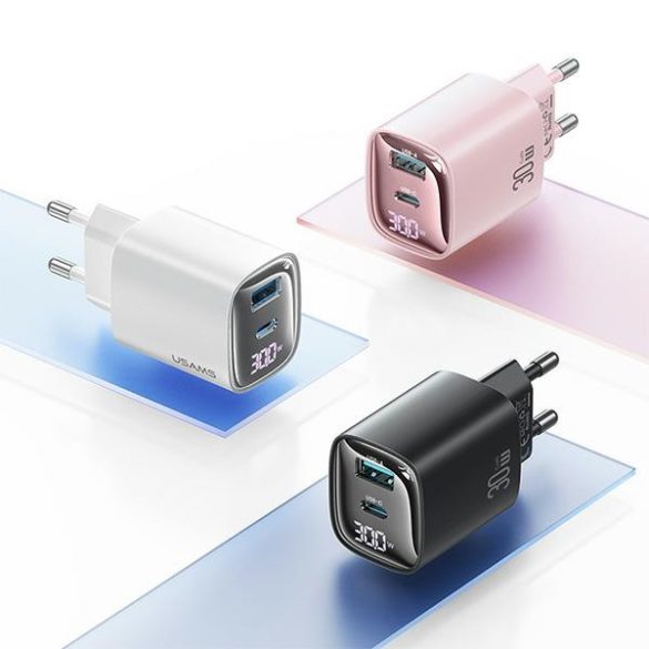 USAMS CC229 XC Series hálózati töltő 1x-USB-A és 1xUSB-C csatlakozással 30W GaN - fekete