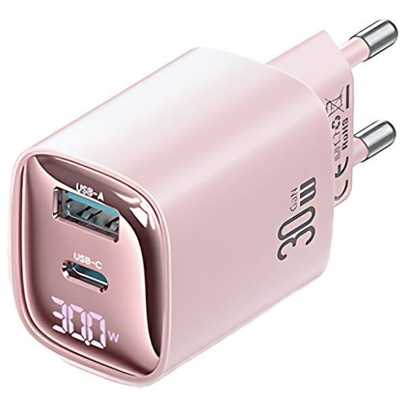 USAMS CC229 XC Series hálózati töltő 1x-USB-A és 1xUSB-C csatlakozással 30W GaN - rózsaszín