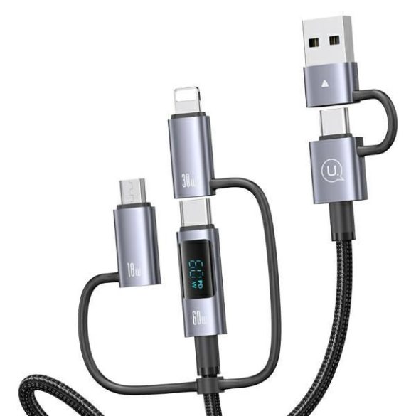 USAMS SJ736 Sufeng Series USB-A/Type-C - Type-C/Lightning/microUSB kábel kijelzővel 60W 2m - szürke