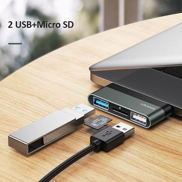 USAMS Adapter USB-C Mini HUB 2xUSB +Micro SD szürke