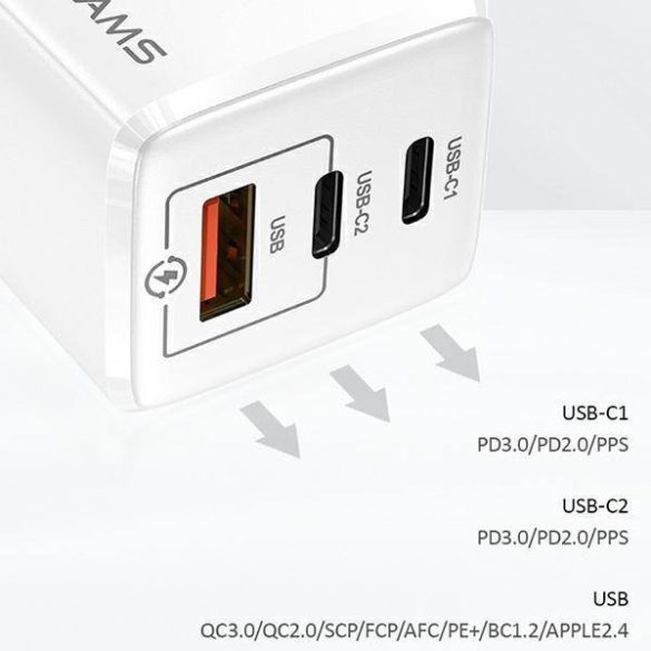 USAMS töltő MT 2xUSB-C+USB GaN 65W T33 PD (csak fej) gyorstöltés fehér CC110TC02 (US-CC110)